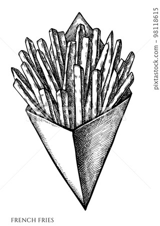 Carnival food vintage vector illustrations collection. Black and white french fries. Carnival food vintage vector illustrations collection. Black and white french fries. 98118615