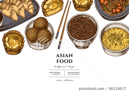 Asian food hand drawn illustration design. Background with retro jiaozi, jian dui, egg tart, noodles with shrimp, egg soup, noodles bowl. 98118617