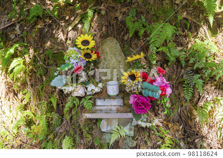 Hiyoshi Taisha Shrine in autumn, a stone Buddha on the Sannomiya Ushiomiya Pilgrimage Route (Sakamoto, Otsu City, Shiga Prefecture) 98118624