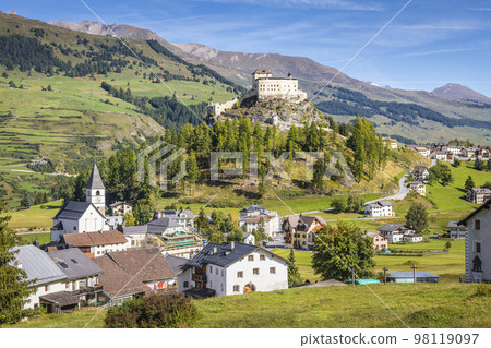 Idyllic landscape of Scuol Tarasp village, Engadine, Swiss Alps, Switzerland 98119097