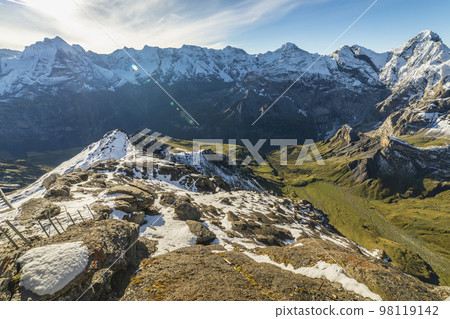 Top of the Schilthorn and view of Breithorn and Bernese Swiss alps, Switzerland Top of the Schilthorn and view of Breithorn and Bernese Swiss alps, Switzerland 98119142