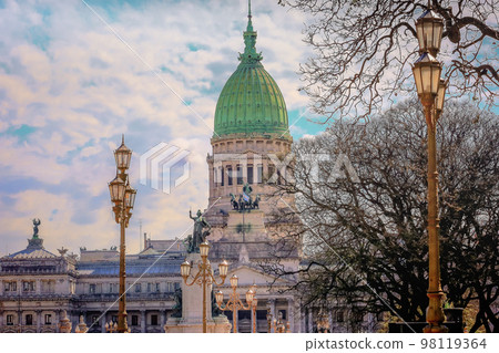 Buenos Aires Congress Parliament square with flag and lamps, Argentina Buenos Aires Congress Parliament square with flag and lamps, Argentina 98119364