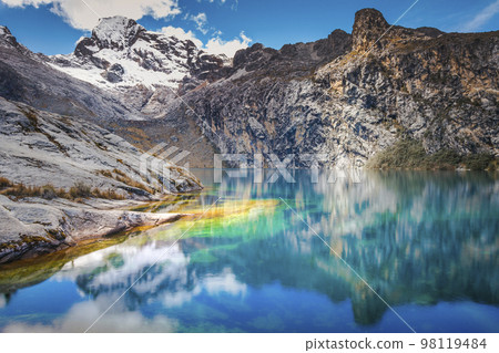 Turquoise Churup lake in Cordillera Blanca, snowcapped Andes, Ancash, Peru Turquoise Churup lake in Cordillera Blanca, snowcapped Andes, Ancash, Peru 98119484