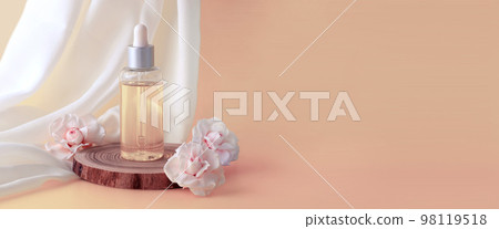 Podium with mock up product presentation. Minimalistic scene of a sawn tree with pink roses a peach background, white silk drapery. Showcase for the exhibition. Space for text. Flat lay, front view. Podium with mock up product presentation. Minimalistic scene of a sawn tree with pink roses a peach background, white silk drapery. Showcase for the exhibition. Space for text. Flat lay, front view. 98119518
