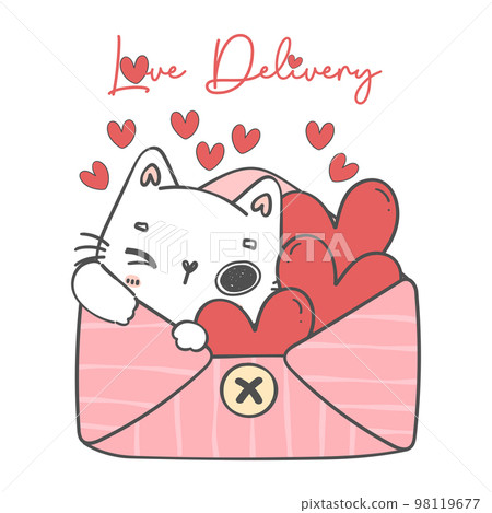 cute sweet Valentine white kitten cat in love envelope with red hearts cartoon animal doodle hand drawing illustration vector cute sweet Valentine white kitten cat in love envelope with red hearts cartoon animal doodle hand drawing illustration vector 98119677