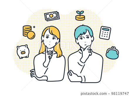 Simple vector illustration material of young men and women thinking about money 98119747
