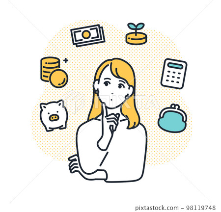 Simple vector illustration material of a young woman thinking about money Simple vector illustration material of a young woman thinking about money 98119748