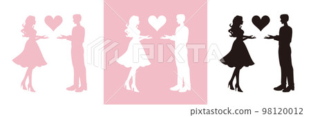 Set of silhouette illustrations of couples of men and women holding a heart Set of silhouette illustrations of couples of men and women holding a heart 98120012