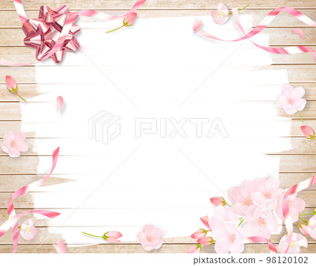 Light pink cute cherry blossoms and ribbon decoration-wood grain board white paint post frame background material 98120102