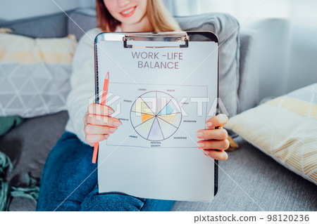 Close up drawn work-life balance wheel diagram holding by smiling woman sitting on the sofa at home. Self-reflection and life planning. Coaching tools. Finding Balance in Your Life. Selective focus Close up drawn work-life balance wheel diagram holding by smiling woman sitting on the sofa at home. Self-reflection and life planning. Coaching tools. Finding Balance in Your Life. Selective focus 98120236