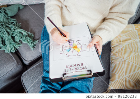 Top view close up young woman drawing work-life balance wheel sitting on the sofa at home. Self-reflection and life planning. Coaching tools. Finding Balance in Your Life. Selective focus 98120238