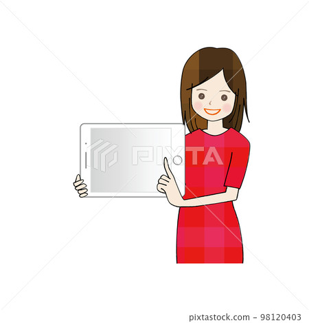 一位女士拿著平板電腦微笑著解釋 一位女士拿著平板電腦微笑著解釋 98120403