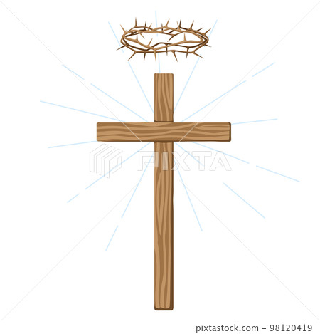 Christian illustration of wooden cross and crown of thorns. Happy Easter image. Christian illustration of wooden cross and crown of thorns. Happy Easter image. 98120419