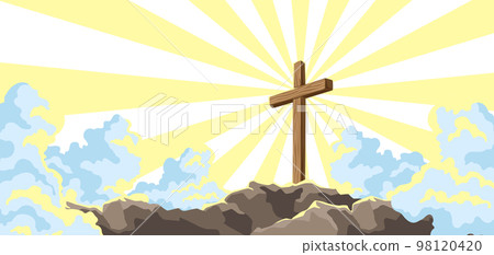 Christian illustration of wooden cross and clouds. Happy Easter image. 98120420