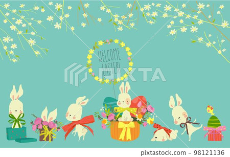 Cartoon Easter Illustration with Cute White Bunnies, Eggs and Flowers 98121136