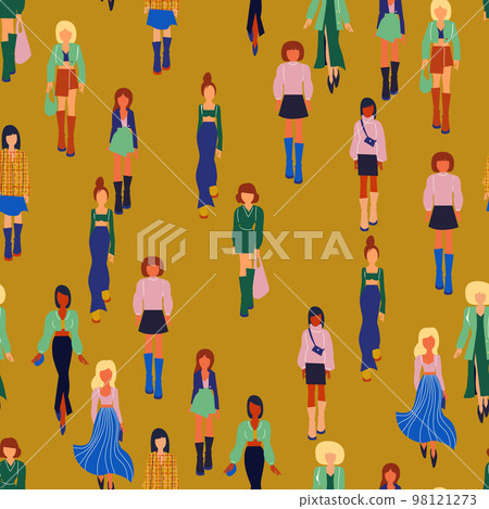 Seamless pattern. Women in trendy clothes. Fashion flat style illustration. Seamless pattern. Women in trendy clothes. Fashion flat style illustration. 98121273
