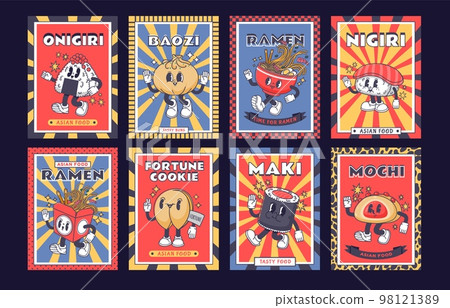 Asian food emblem. Japanese mochi, onigiri and ramen poster with mascot character. Chinese baozi and fortune cookie cartoon vector illustration set Asian food emblem. Japanese mochi, onigiri and ramen poster with mascot character. Chinese baozi and fortune cookie cartoon vector illustration set 98121389