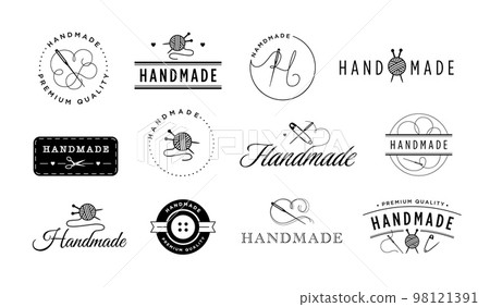 Hand made emblem. Craft knitwear label, knitting and sewing badges with yarn, needle and thread vector illustration set Hand made emblem. Craft knitwear label, knitting and sewing badges with yarn, needle and thread vector illustration set 98121391