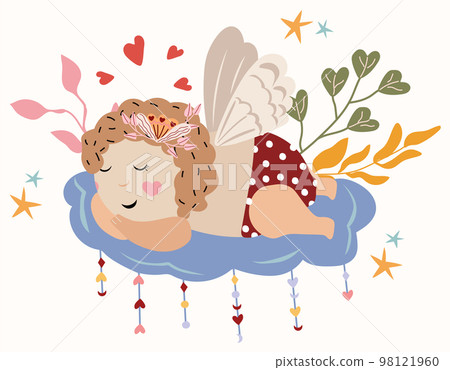 Cute cupid for valentine's day with leaves and stars around. Dreamy cupid as a symbol of love. February 14 is the day of St. valentine. Cupid for greeting cards, poster, banner.Vector. Cute cupid for valentine's day with leaves and stars around. Dreamy cupid as a symbol of love. February 14 is the day of St. valentine. Cupid for greeting cards, poster, banner.Vector. 98121960