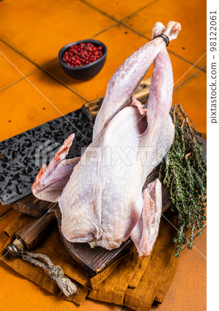 Farm Raw Guineafowl, guinea fowl with herbs ready for cooking. Orange background. Top view 98122061