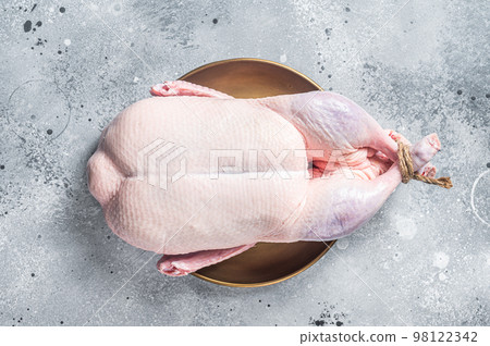 Raw free range whole duck. White background. Top view Raw free range whole duck. White background. Top view 98122342