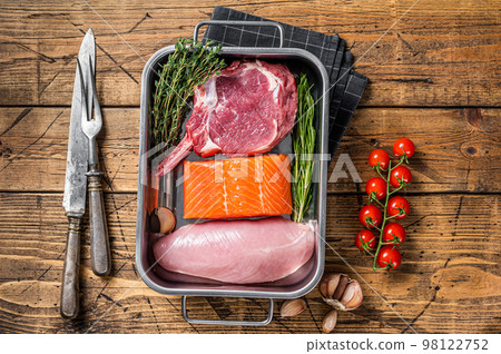 Protein diet - raw meat steaks salmon, beef or veal and turkey breast fillet. Wooden background. Top view Protein diet - raw meat steaks salmon, beef or veal and turkey breast fillet. Wooden background. Top view 98122752