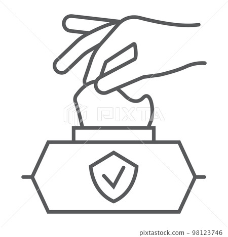 Hand pulling wet tissue thin line icon, wash and hygiene, hand tissues sign, vector graphics, a linear pattern on a white background, eps 10 Hand pulling wet tissue thin line icon, wash and hygiene, hand tissues sign, vector graphics, a linear pattern on a white background, eps 10 98123746