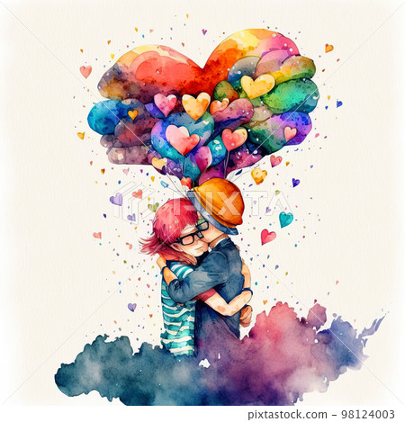 Couple in love hugging and kissing. Young love. ai generated. Watercolor illustration of kissing and hugging couple surrounded by hearts. Romantic date. Valentine's day card 98124003