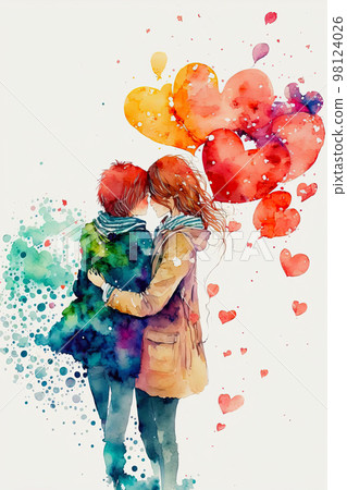 Couple in love hugging and kissing. Young love. - Stock Illustration  [98124026] - PIXTA