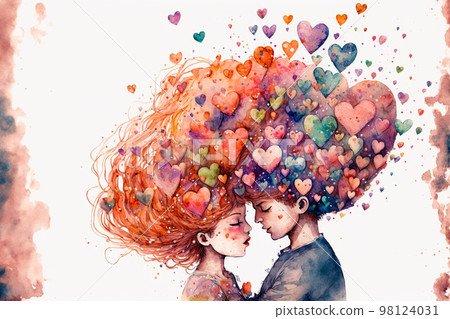 Couple in love hugging and kissing. Young love. ai generated. Watercolor illustration of kissing and hugging couple surrounded by hearts. Romantic date. Valentine's day card Couple in love hugging and kissing. Young love. ai generated. Watercolor illustration of kissing and hugging couple surrounded by hearts. Romantic date. Valentine's day card 98124031