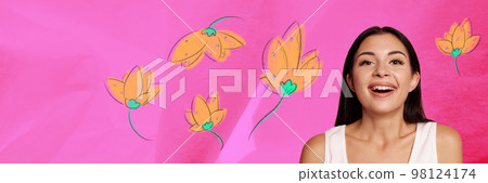 Creative colorful design. Modern art collage. Young smiling girl feeling happy, posing over pink background with flowers. Banner, flyer Creative colorful design. Modern art collage. Young smiling girl feeling happy, posing over pink background with flowers. Banner, flyer 98124174