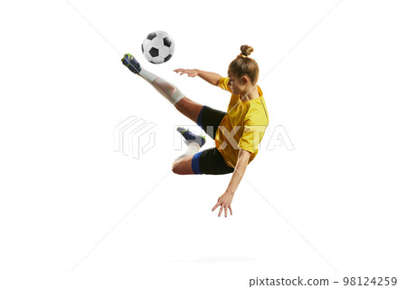 Hitting and falling down. Young professional female football, soccer player in motion, training, playing isolated over white background 98124259