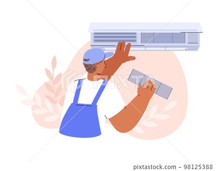 Technician cleaning wall air conditioner, flat vector illustration isolated on white background. 98125388