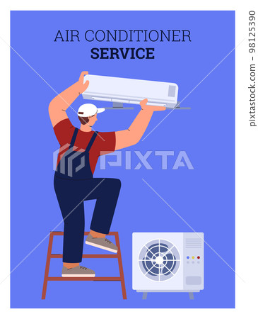 Man installing or repairing air conditioner, advertising poster template, flat vector illustration. 98125390