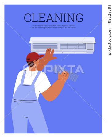 Air conditioner cleaning service advertising poster, flat vector illustration. 98125393