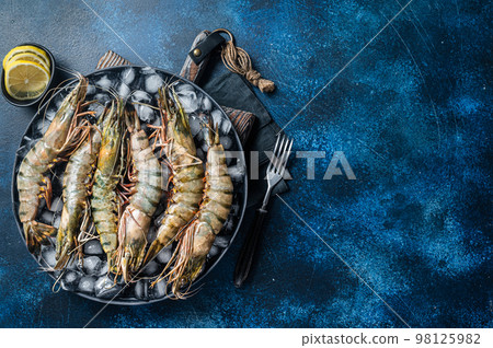 Giant Black tiger prawns shrimps on a plate with ice. Raw Seafood. Blue background. Top view. Free copy space Giant Black tiger prawns shrimps on a plate with ice. Raw Seafood. Blue background. Top view. Free copy space 98125982