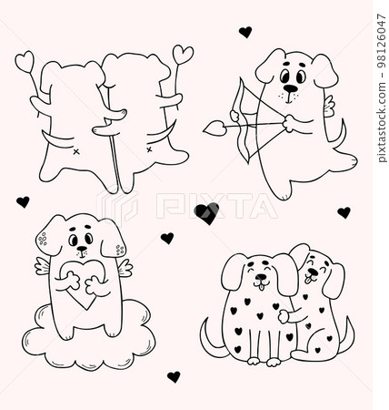 Loving dogs. Collection romantic pets with heart and cute hugging dogs. Vector illustration. Isolated Outline drawings for design and decor of valentines, love postcards, printing Loving dogs. Collection romantic pets with heart and cute hugging dogs. Vector illustration. Isolated Outline drawings for design and decor of valentines, love postcards, printing 98126047