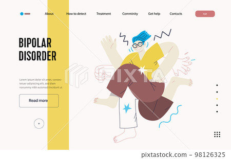Mental disorders web template. Bipolar disorder - modern flat vector illustration of a man meeting with a mental disease, hyperactivity. People emotional, psychological, mental traumas concept Mental disorders web template. Bipolar disorder - modern flat vector illustration of a man meeting with a mental disease, hyperactivity. People emotional, psychological, mental traumas concept 98126325