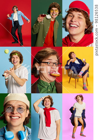 Photo set collage of portraits of emotional young man in diverse clothes expressing only positive happy emotions. Concept of fashion, emotions, lifestyle 98126538