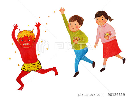 Boy and girl throwing beans on Setsubun 98126839