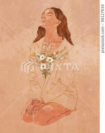 Bohemian woman is sitting on her knees. Hands on knees. Looks up, has a bouquet of flowers on her chest. Boho elegant poster. Abstract Minimal Background. Bohemian printable wall art, boho poster 98127638