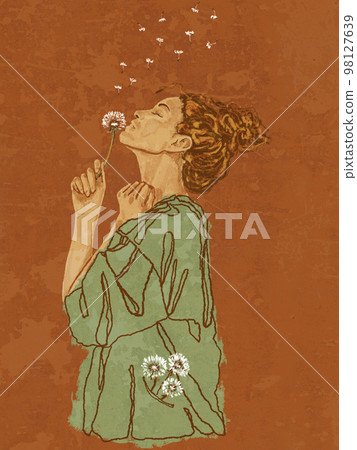 Gentle illustration of a woman blowing a dandelion. Cute illustration of calmness, serenity and happiness. Boho elegant poster. Abstract Minimal Background. Bohemian printable wall art, boho poster 98127639