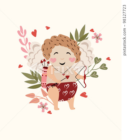 Cute cupid with arrow for valentine's day with leaves and flowers around. Funny cupid as a symbol of love. The concept of St. Valentine Cupid for greeting cards, posters, banners. Vector 98127723