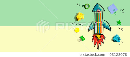 Back to school theme with rocket with school supplies Back to school theme with rocket with school supplies 98128078