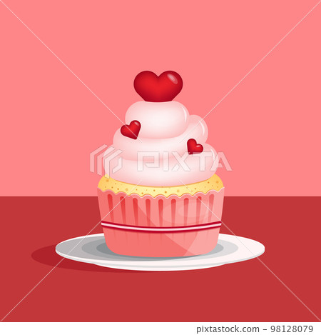 Cupcake with heart shapes cherry on the plate in flat style isolated on pink background. Love, valentines day concept. Vector illustration 98128079