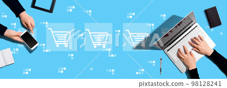 Online shopping theme with people working together 98128241