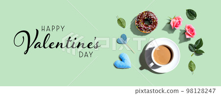 Valentines Day message with a cup of coffee and a donut 98128247