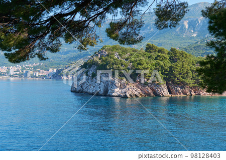 Top view of beautiful blue sea surface and fantastic rocky coast, Montenegro Top view of beautiful blue sea surface and fantastic rocky coast, Montenegro 98128403