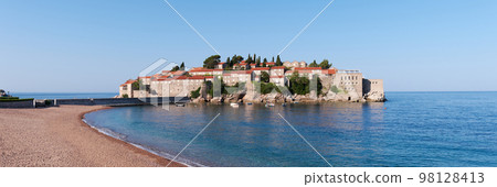 Sveti Stefan island by the Adriatic coast in Montenegro. Saint Stephen banner Sveti Stefan island by the Adriatic coast in Montenegro. Saint Stephen banner 98128413