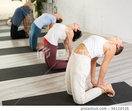 Group of people exercising during yoga class Group of people exercising during yoga class 98128526